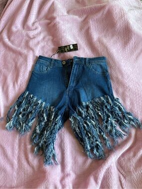 Frayed Denim Fringe Shorts - Blue